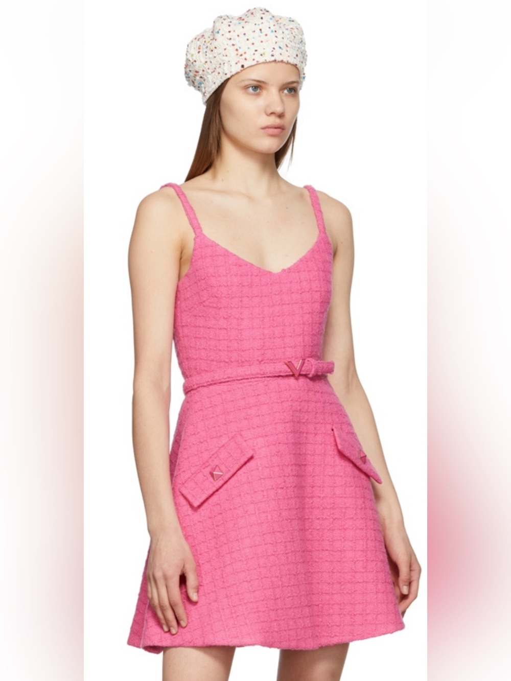 Sleeveless Pink Tweed Mini Dress with Spaghetti Straps